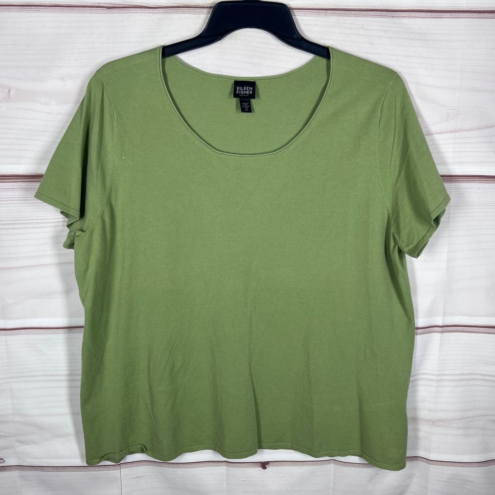 Eileen Fisher Top Women 2X Green Scoop Neck Italian Yarn Modal Knit Short Sleeve